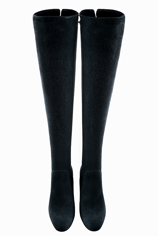 Midnight blue women's leather thigh-high boots. Round toe. High block heels. Made to measure. Top view - Florence KOOIJMAN